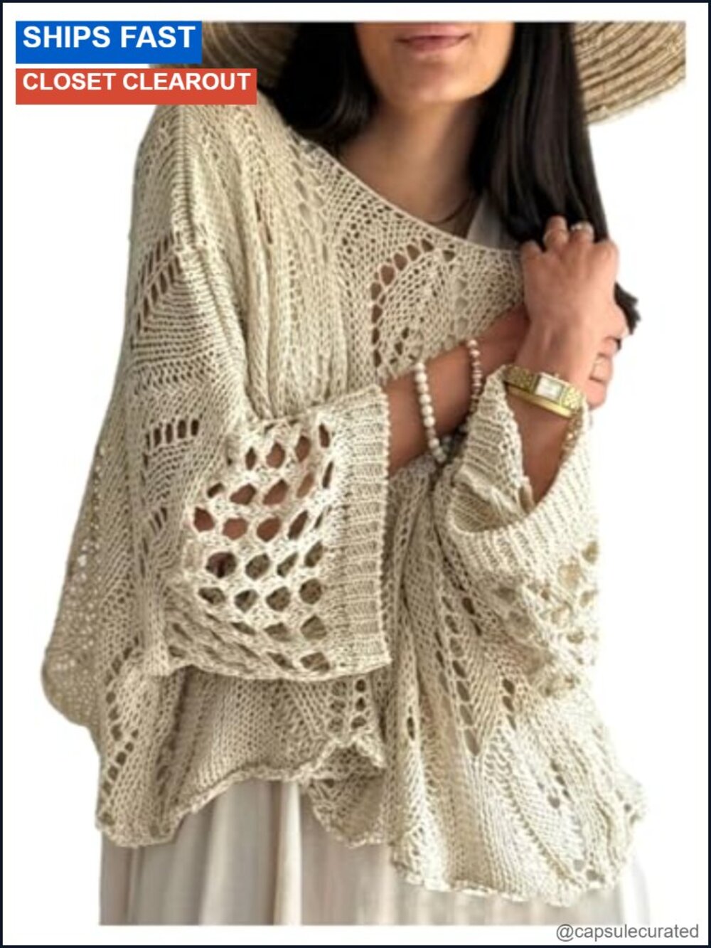 Hollow Out Crochet Knit Lightweight Pullover Sweater Boat Neck 3/4 Sleeve